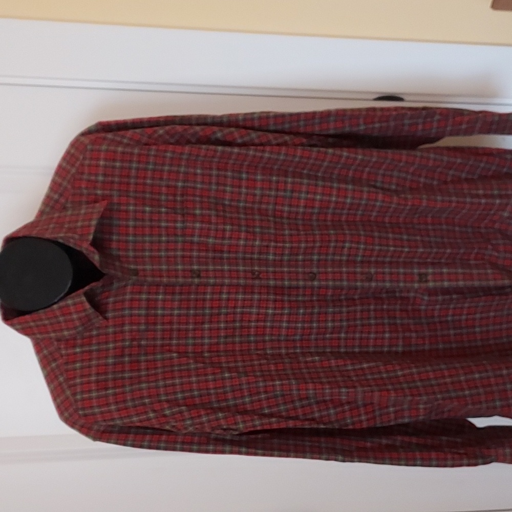 LL Bean Cotton Plaid Flannel with Red, Olive Green, Black, and White Long Sleeve